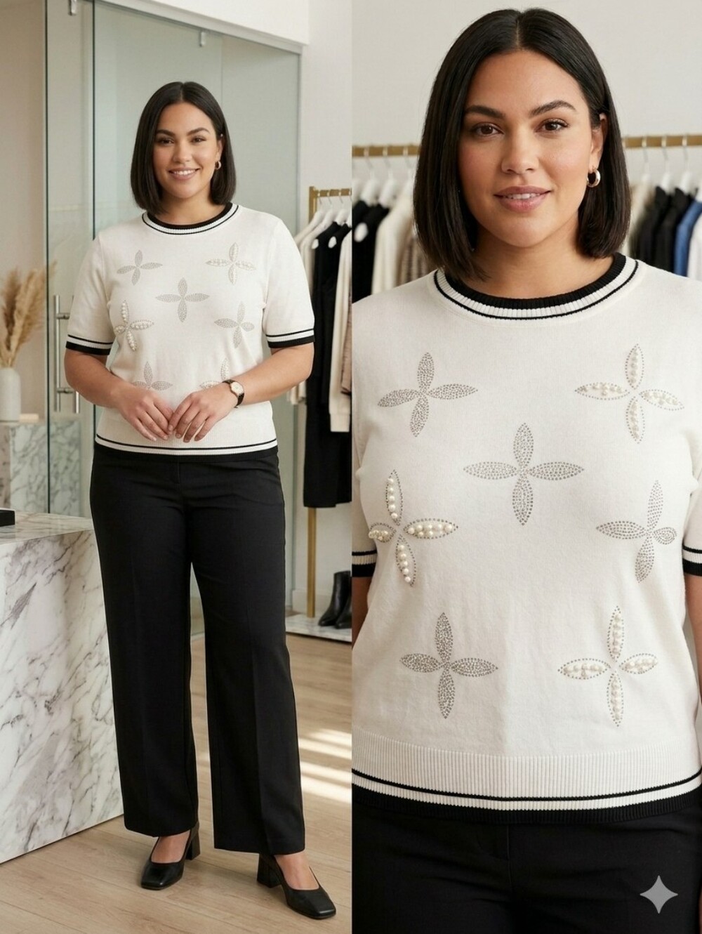 White & Black Short Sleeve Knit Top with Embellished Floral XL